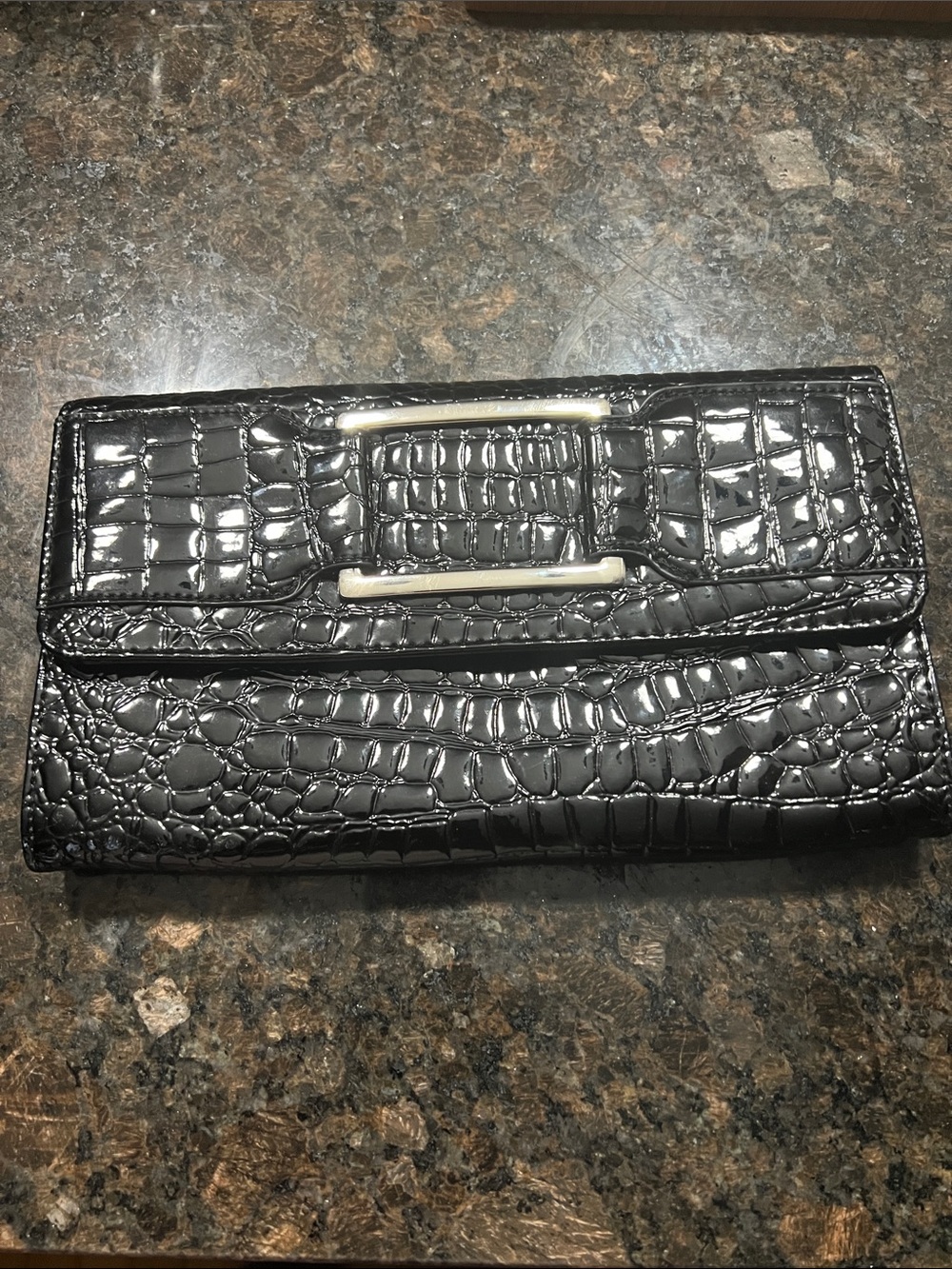 Women's Black Croc-Embossed Patent Clutch purse